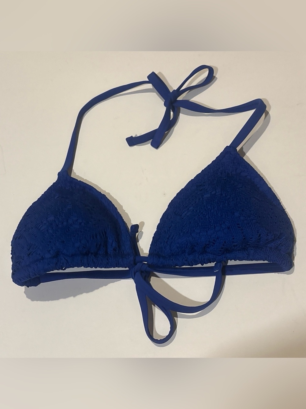 Aerie Bikini Swim Top Blue Crochet Triangle Halter Lined Swimwear Sz Large L